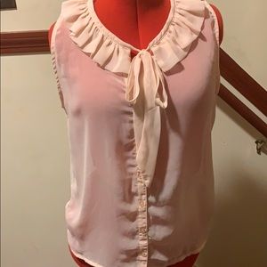 Sheer ruffle neck pussybow blouse